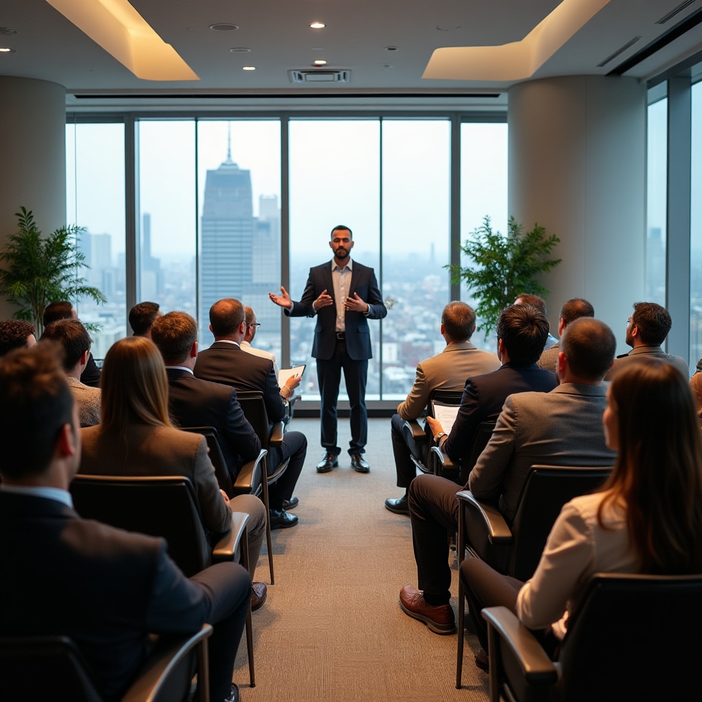 Professional moderator facilitating a building consortium assembly with engaged participants