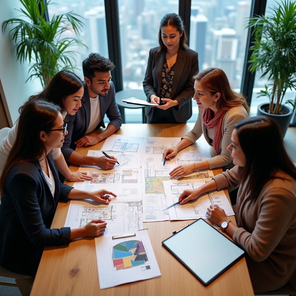 Diverse residents collaboratively planning common space usage around a table with floor plans