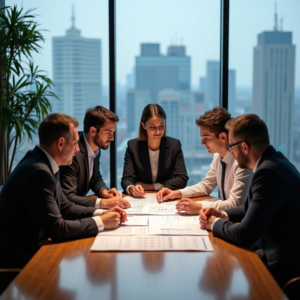 Consortium members reviewing financial documents with mediator in a transparent discussion