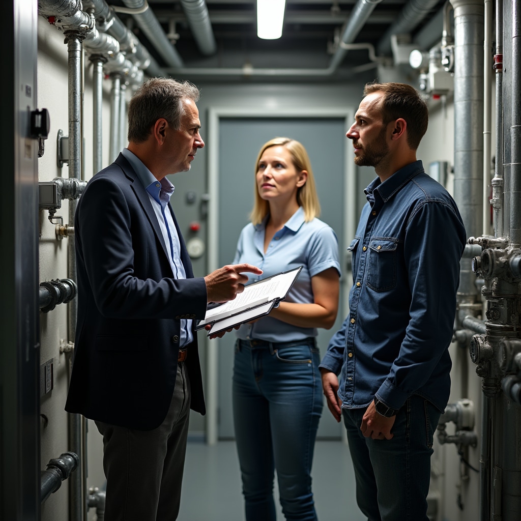Building administrator and residents examining maintenance issues during a professional inspection