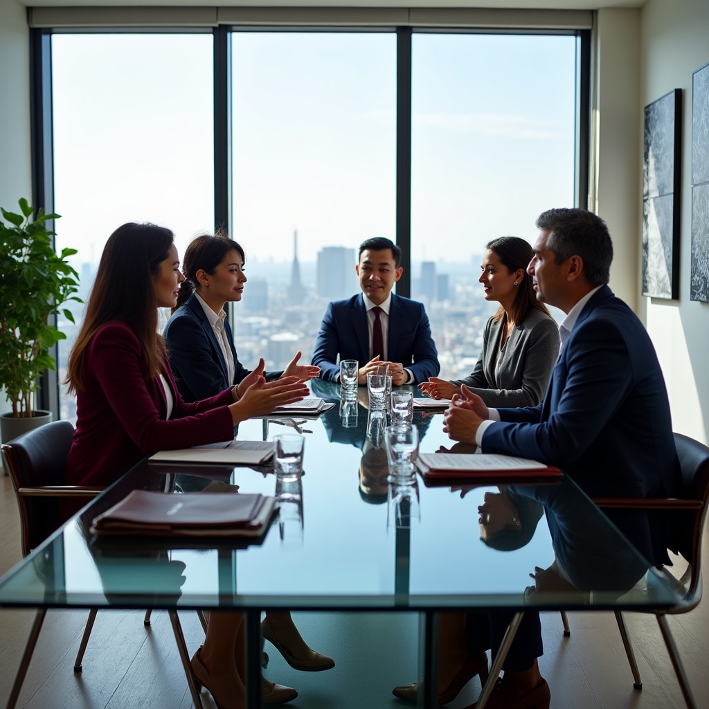 Professional mediators facilitating a building consortium meeting with diverse stakeholders