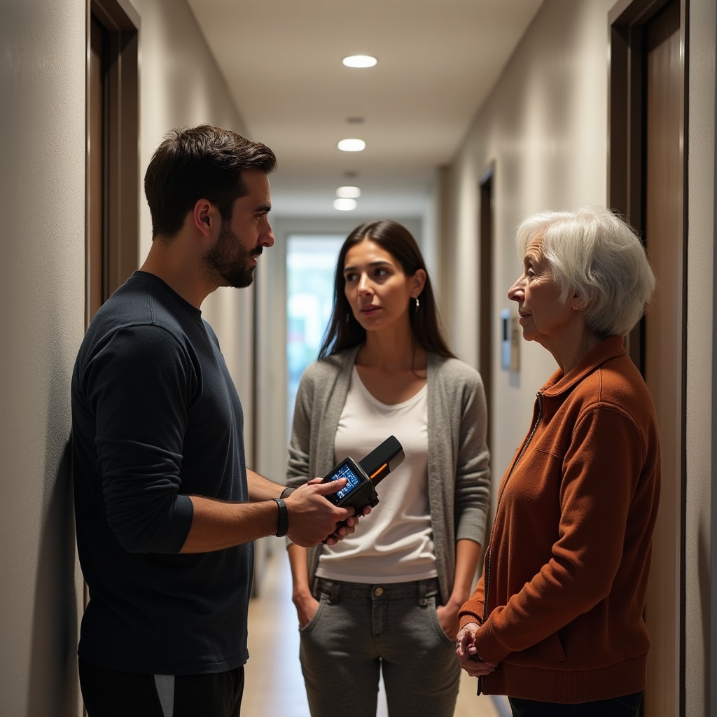 Professional measuring sound levels while discussing noise concerns with residents